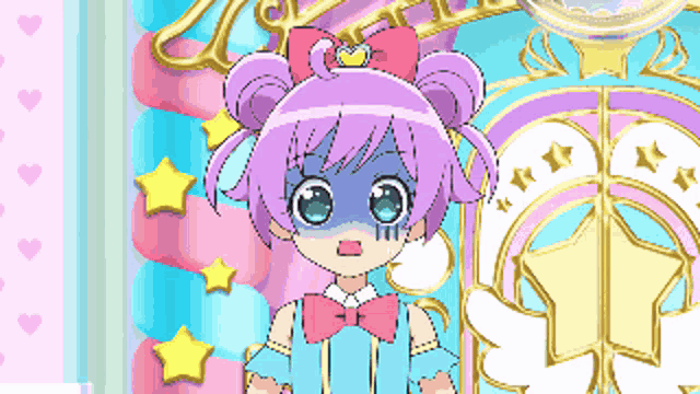 a pixel art of a girl with purple hair and a bow tie