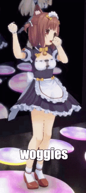 a girl in a maid costume is dancing with the words woggies written below her