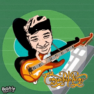 a cartoon of a man holding a guitar with the words congratulations on the bottom right