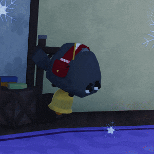 a cartoon character with a bell and a red bag