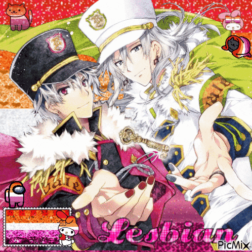 a couple of anime characters holding hands with the word lesbian in the corner