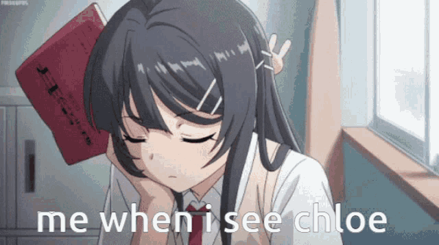 a girl with a book on her head and the words me when i see chloe below her