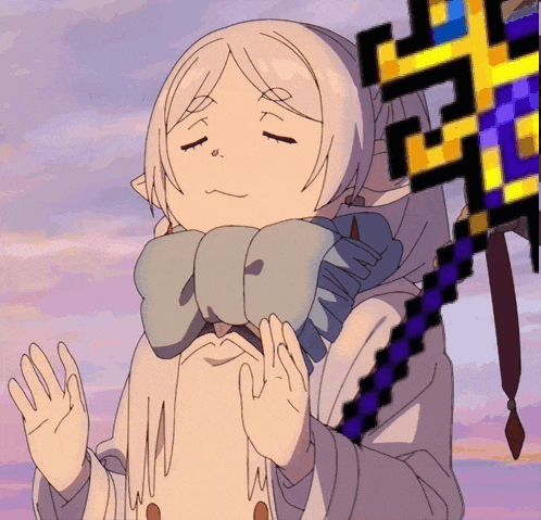 a drawing of a girl with her eyes closed holding a cross