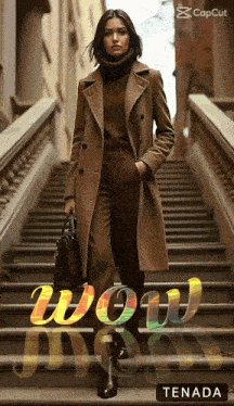 a woman in a brown coat stands on a set of stairs with the word wow written on the bottom