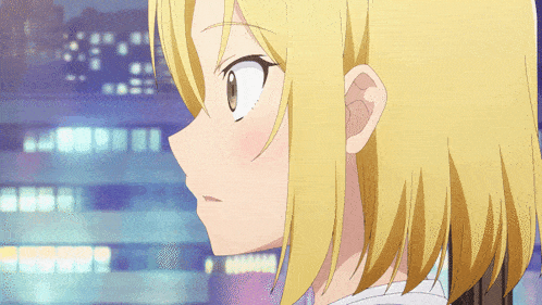 a close up of a blonde anime girl 's face with a blurry background