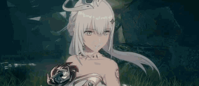 a girl with white hair is standing in the grass