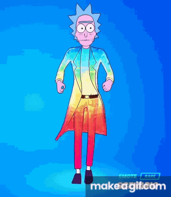 rick from rick and morty is wearing a rainbow coat and red pants