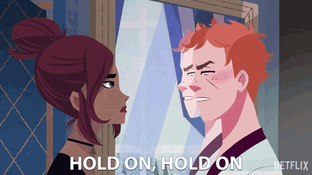 a cartoon of a man and a woman with the words hold on hold on written below them
