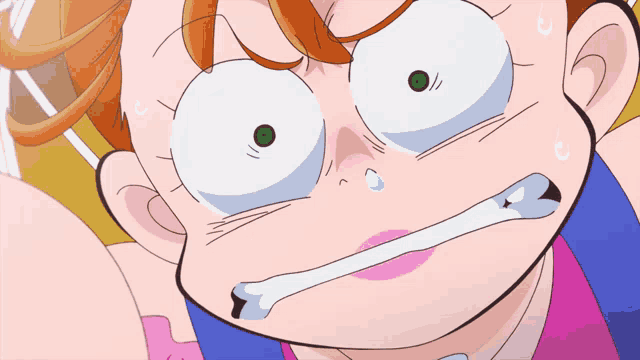 a close up of a cartoon character 's face with a tear running down her cheek