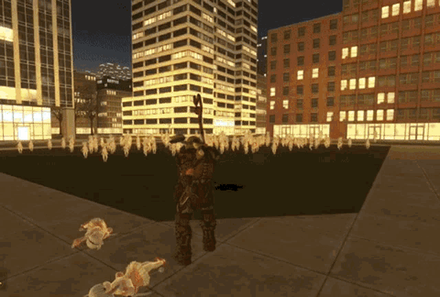 a man with a spear stands in front of a crowd of people in a city