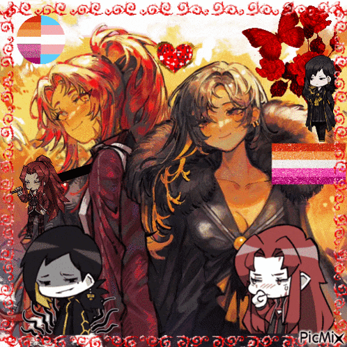 a collage of anime characters with a rainbow flag in the middle
