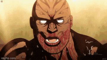 a cartoon of a man with white eyes and blood on his face .