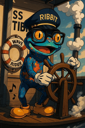 an illustration of a frog wearing a hat that says ribbit on it