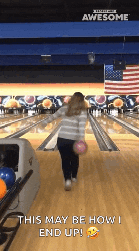 a woman in a bowling alley with the words this may be how i end up on the bottom