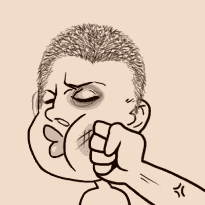 a black and white drawing of a man 's face with a fist in it .