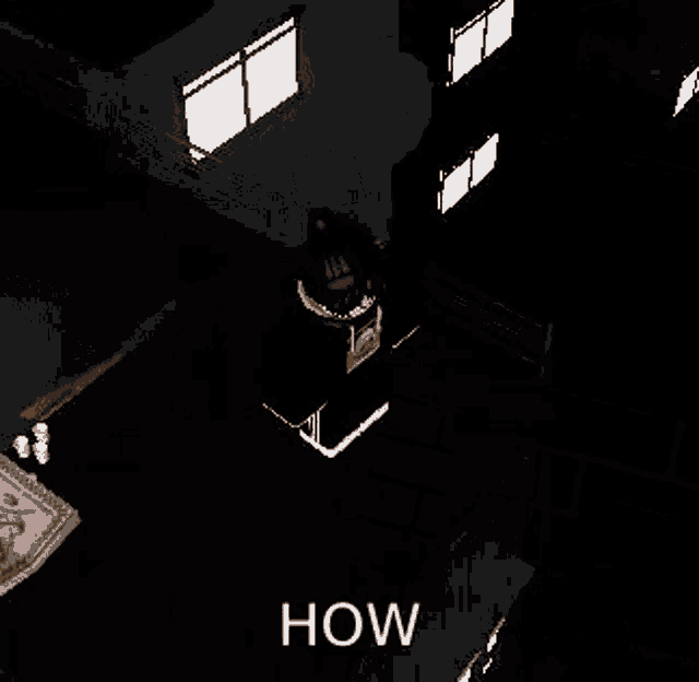 a person is standing in a dark room with the words how written on the bottom of the screen .