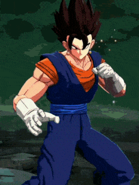 a close up of a cartoon character in a blue and orange costume