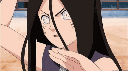 a girl with long black hair and white eyes is holding her hair in a ponytail .