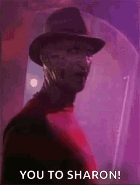 a nightmare on elm street character is wearing a hat and a mask and says `` you to sharon ! ''