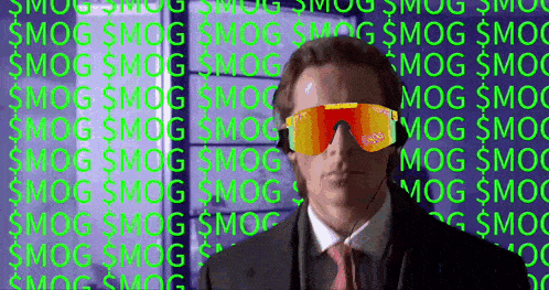 a man in a suit and tie is wearing sunglasses and standing in front of a wall with the word smog on it .