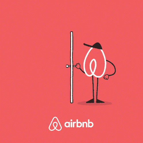 an airbnb advertisement with a cartoon character running through a door