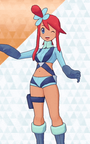 a cartoon character with red hair and blue eyes is standing in front of a patterned background
