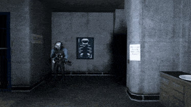 a man holding a gun in a room with a sign that says ' lockers ' on it