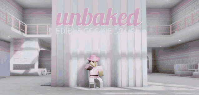 a girl in a pink hat stands in front of a sign that says unbaked