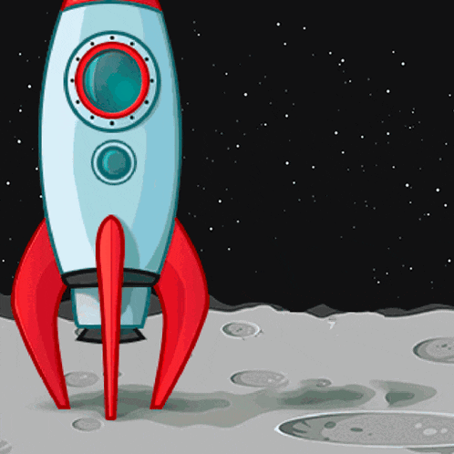 a cartoon illustration of a rocket with red legs standing on the moon