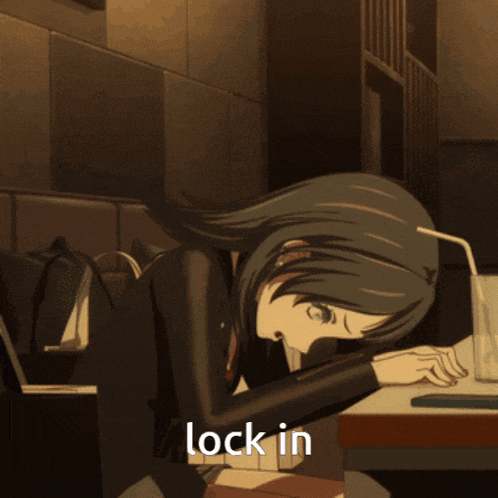 a girl is sitting at a table with the words lock in behind her