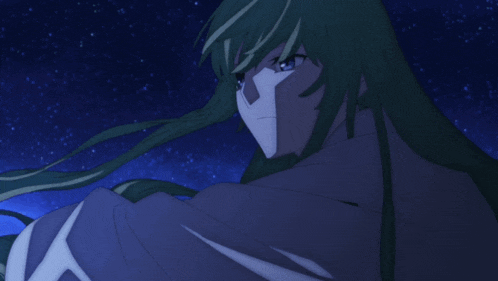 a drawing of a person with long green hair against a starry night sky