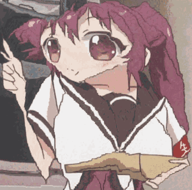 a girl with purple hair is holding a book and pointing