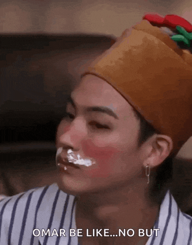 a man with a crown on his head has whipped cream on his face and says omar be like ... no but .