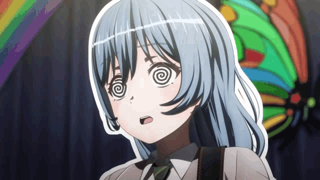a blue haired anime girl with a spiral in her eyes
