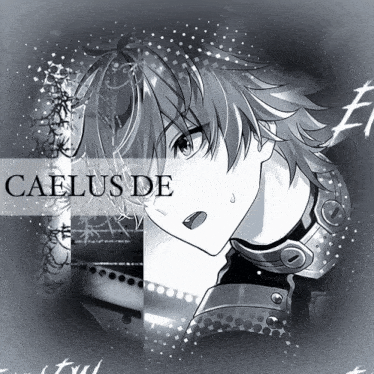 a black and white drawing of a boy with the name caelius de on the bottom
