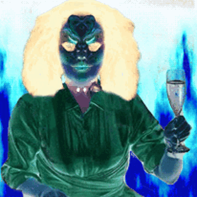 a woman with a mask on her face holding a glass of wine