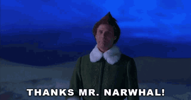 an elf says thanks mr. narwhal while waving his hand
