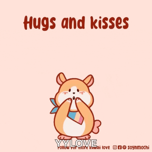 a cartoon of a hamster surrounded by hearts with the words hugs and kisses