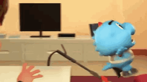 a blue cartoon character is standing in front of a computer screen .
