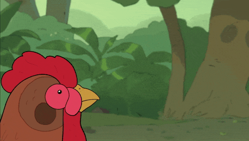 a cartoon of a rooster looking at a man