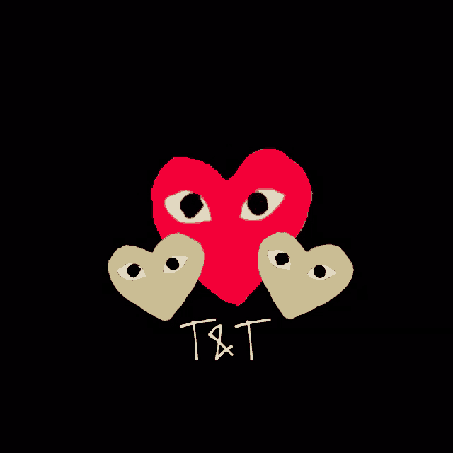 a red heart with eyes and two smaller hearts with the letters t & t below it