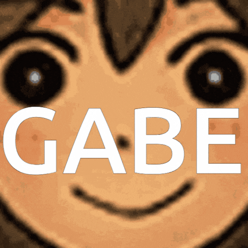 a close up of a person 's face with the word gabe above it