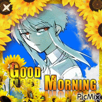 a picture of a girl surrounded by sunflowers that says good morning picmix