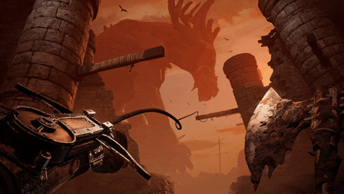 a person holding a crossbow in front of a monster in a video game