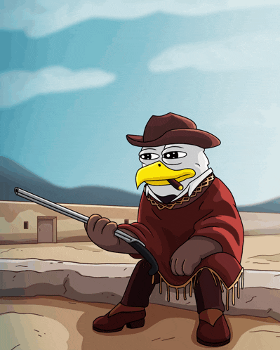 a cartoon eagle wearing a cowboy hat and holding a gun