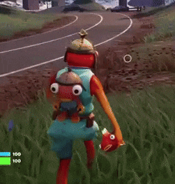 a cartoon character is walking down a road holding a fish and wearing a cowboy hat .