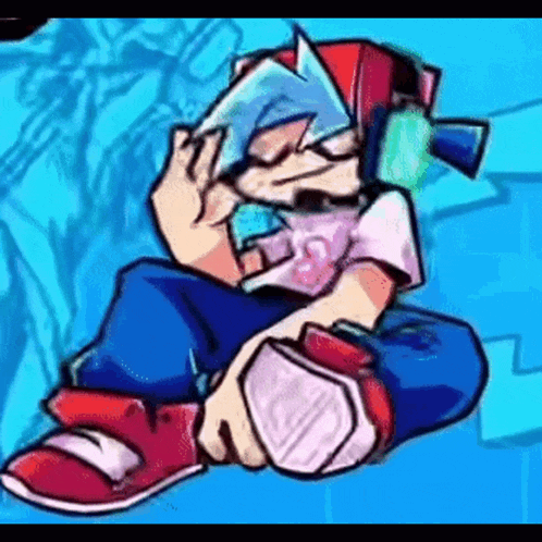a cartoon character is sitting on a blue surface with his eyes closed and a hat on .