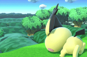 a cartoon rabbit is laying on its back in a field
