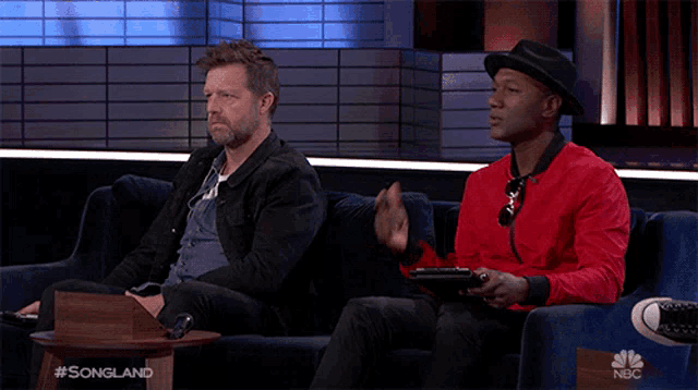 two men are sitting on a couch and one is holding a remote control