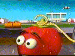 a cartoon tomato with big eyes and a yellow string around it
